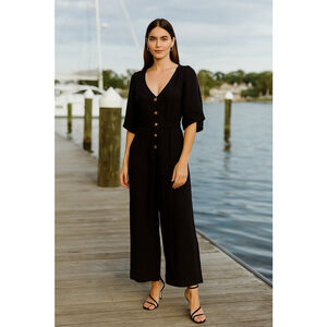 Rachel Pally Melton Linen Wide Leg Jumpsuit Medium Black Beach Lagenlook Preppy
